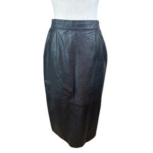 DIVERSITY Genuine Leather Pencil Skirt Black Vintage High Waisted Size 10